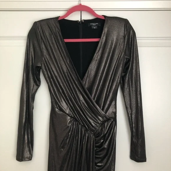 Guess Marciano | Black Metallic Silver Midi Wrap Dress NWOT - Picture 3 of 11